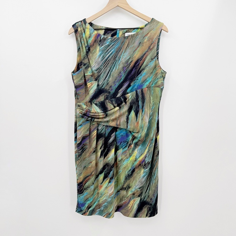 Calvin Klein Sheath Dress 14 Abstract Print Career Office Midi Stretch Workwear